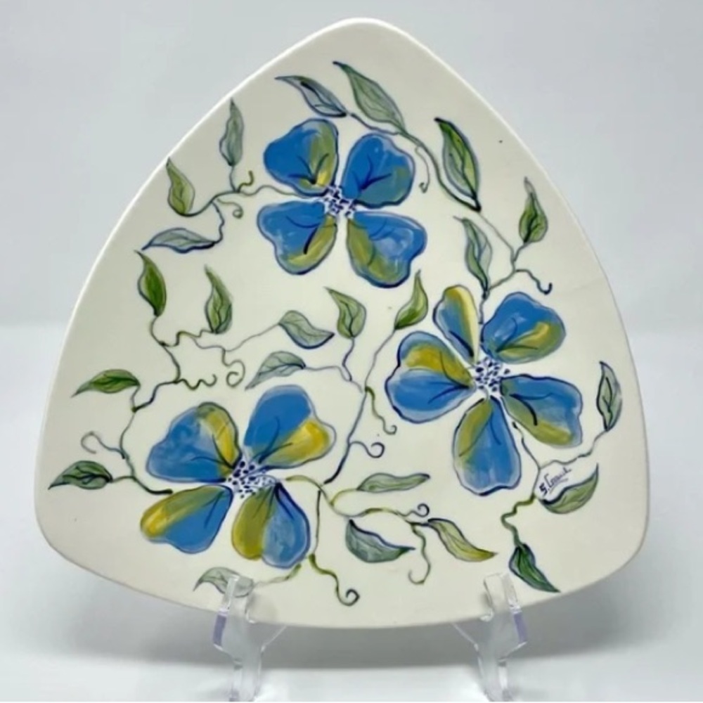 Vintage Holland Mold Triangle Serving Dish Hand Painted Florals Signed Footed